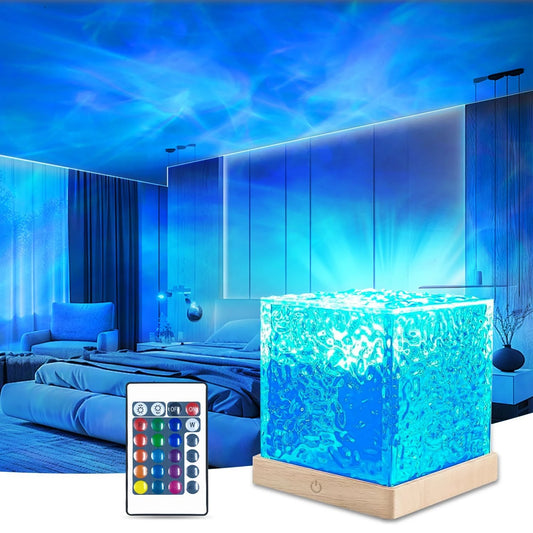 16 Colors Water Ripple Projector Dynamic Rotating LED Night Light with Remote Dimming Family Bedroom Romantic Ocean Decor Lamp